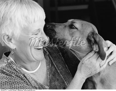 Dog Licking Mature Woman on Face    Stock Photo - Rights-Managed, Artist: Karen Whylie, Code: 700-00083114