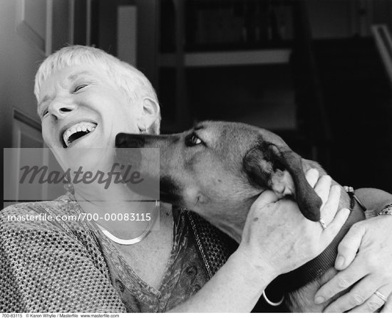 Dog Licking Mature Woman on Face    Stock Photo - Rights-Managed, Artist: Karen Whylie, Code: 700-00083115