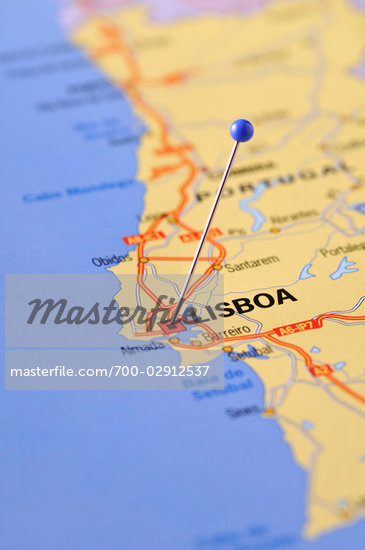 Map with Pin Marking Lisbon,