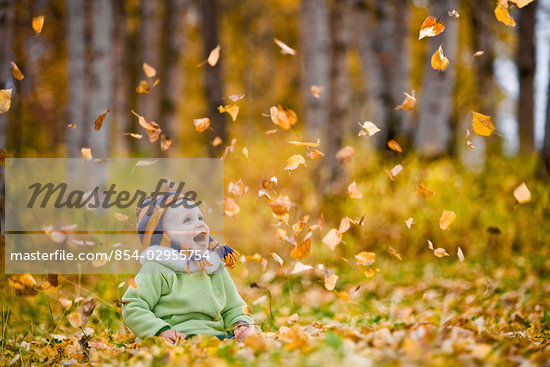 Young female child playing in the Fall leaves in an Anchorage park in Southcentral, Alaska                                                                                                               Stock Photo - Rights-Managed, Artist: AlaskaStock              , Code: 854-02955754