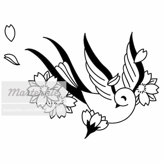 Songbird and cherry blossoms tattoo design elements