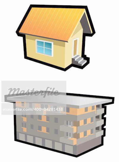 Two types of buildings, small hut and tenement-house, vector ...