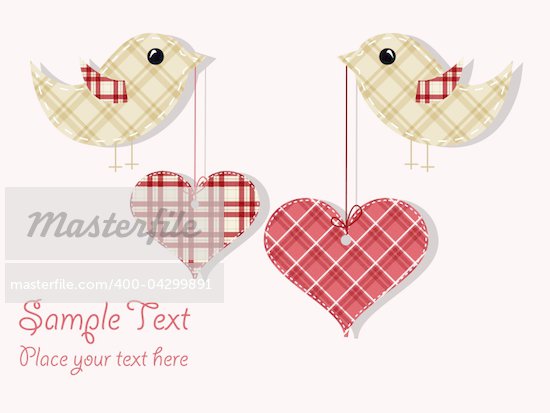 Vector pattern for wedding invitation with textile hearts and birds Stock 