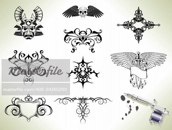 Series set of tattoo flash design elements with tattooists gun or machine