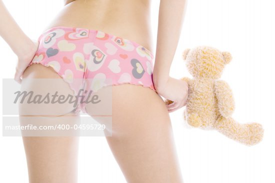 Sexy girl and toy bear Perfect ass on white background