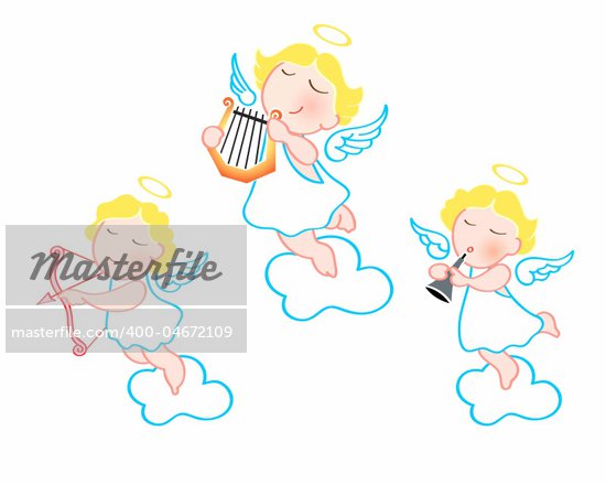 Funny cartoon angels with harp, arrow and trumpet isolated over heaven sky Stock Photo - Royalty-Free, Artist: sahua                         , Code: 400-04672109