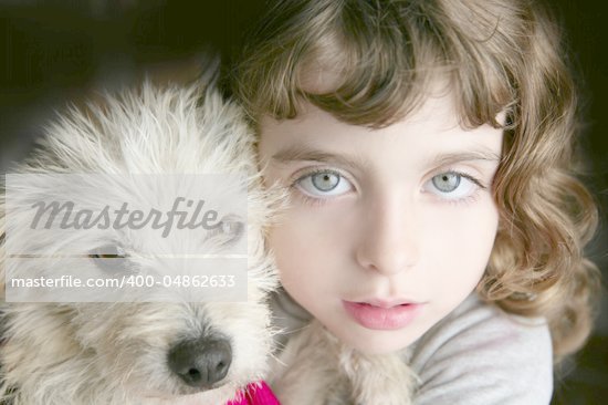 dog puppy and girl hug portrait closeup blue eyes white hairy little doggy