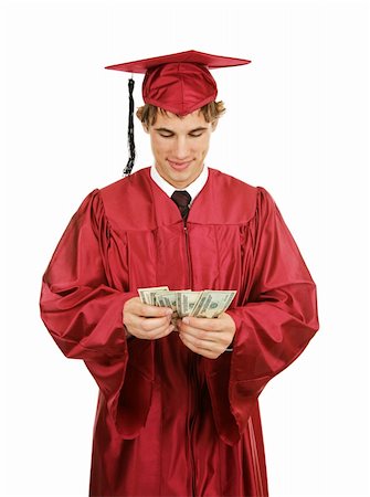 simsearch:400-04505681,k - Handsome young graduate smiling and counting a stack of bills.  Isolated on white. Stock Photo - Budget Royalty-Free & Subscription, Code: 400-04008168