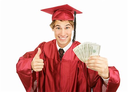 simsearch:400-04505681,k - Excited graduate holding a fist full of cash for college and giving a thumbs-up sign.  Isolated on white. Stock Photo - Budget Royalty-Free & Subscription, Code: 400-04008160