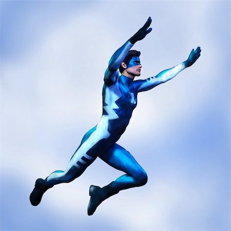 simsearch:400-05741668,k - Illustration of a non-specific male superhero in a blue and white costume, flying through the sky.  Based on an original render by the artist.  Painted look. Stock Photo - Budget Royalty-Free & Subscription, Code: 400-04009898