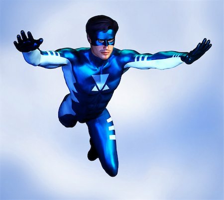 simsearch:400-05741668,k - Illustration of a non-specific male superhero in a blue and white costume, flying through the sky.  Based on an original render by the artist. Stock Photo - Budget Royalty-Free & Subscription, Code: 400-04009899