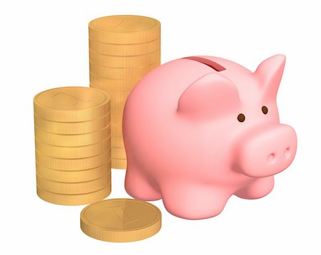 simsearch:400-04084846,k - Columns of gold coins, near to a pig a coin box. Objects over white Stock Photo - Budget Royalty-Free & Subscription, Code: 400-04022853