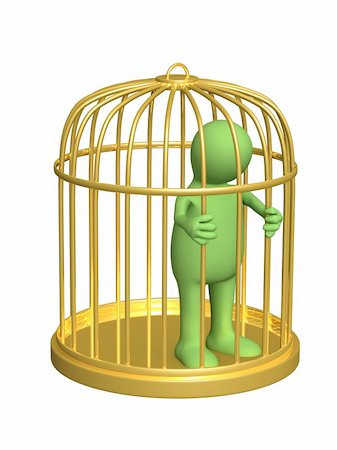 The 3d person - puppet, worth in a gold cage. Objects over white Stock Photo - Budget Royalty-Free & Subscription, Code: 400-04022895