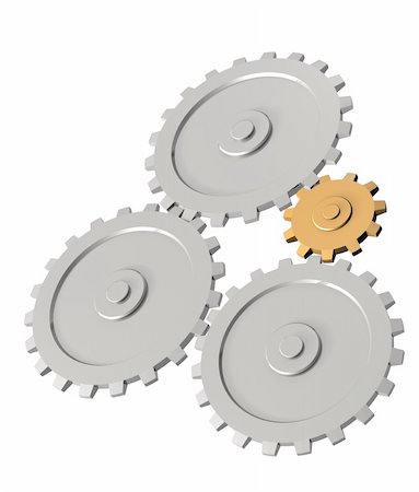 simsearch:400-05114975,k - The 3d gold gear, rotating three steel gears. Objects over white Stock Photo - Budget Royalty-Free & Subscription, Code: 400-04022907