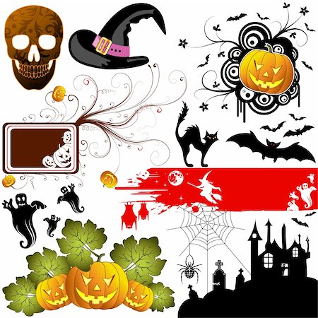 pumpkin drawing with leaves - Big Halloween collection with bat, pumpkin, witch, ghost, element for design, vector illustration Stock Photo - Budget Royalty-Free & Subscription, Code: 400-04036493