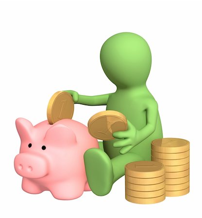 simsearch:400-04084846,k - 3d puppet who is saving money in piggy bank. Object over white Stock Photo - Budget Royalty-Free & Subscription, Code: 400-04057163