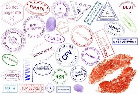 Collection of stamps, seals and imprints non-existent in reality. Here are humorous stamps, abbreviations, reductions and slogans. All is done by myself. Stock Photo - Budget Royalty-Free & Subscription, Code: 400-04050222