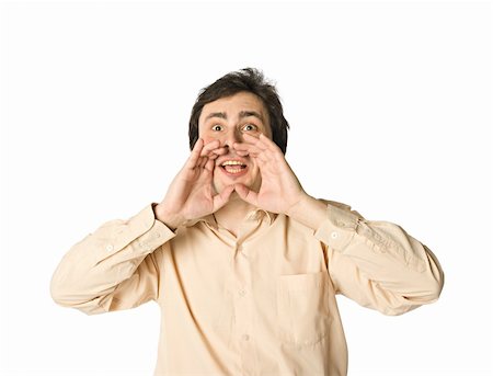 simsearch:400-04175955,k - Man shouting, hands near his mouth, over white Stock Photo - Budget Royalty-Free & Subscription, Code: 400-04051373