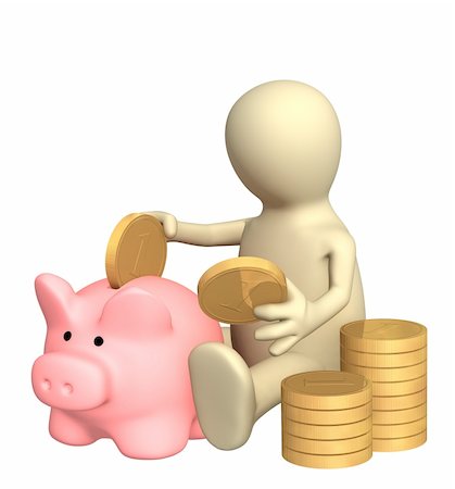 simsearch:400-04084846,k - 3d puppet who is saving money in piggy bank. Object over white Stock Photo - Budget Royalty-Free & Subscription, Code: 400-04053109
