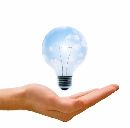 simsearch:400-04265413,k - Clean energy, a light bulb with a bright sky held up by a hand. Stock Photo - Budget Royalty-Free & Subscription, Code: 400-04066299