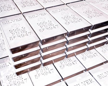 stacks of pure silver bars on piles of bullion Stock Photo - Budget Royalty-Free & Subscription, Code: 400-04066475