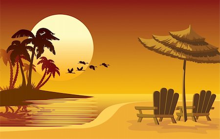 simsearch:400-04062726,k - Summer landscape: sunset, beach, chairs and umbrella Foto de stock - Super Valor sin royalties y Suscripción, Código: 400-04062726