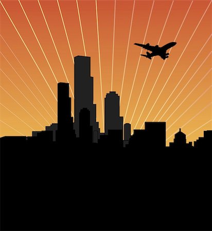 shadow plane - city skyline at sunset or sunrise, dark town Stock Photo - Budget Royalty-Free & Subscription, Code: 400-04079973