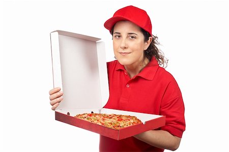 fat italian woman - A pizza delivery woman holding a hot pizza. Isolated on white Stock Photo - Budget Royalty-Free & Subscription, Code: 400-04072420