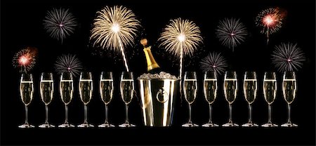 simsearch:400-05120066,k - Glasses of champagne with silver ice bucket and fireworks Photographie de stock - Aubaine LD & Abonnement, Code: 400-04073901