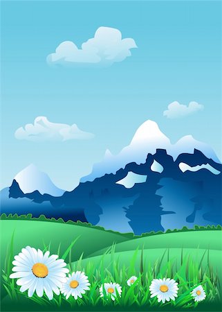 simsearch:400-04817406,k - Landscape with rocks and hills. Green grass and camomile. Stock Photo - Budget Royalty-Free & Subscription, Code: 400-04084869