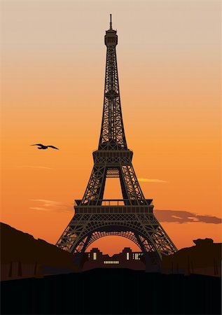 Vector illustration of Eiffel tower at sunset. Paris, France Photographie de stock - Aubaine LD & Abonnement, Code: 400-04085613