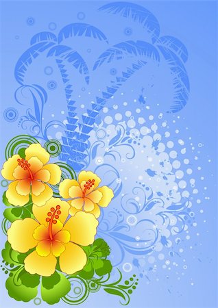 pic palm tree beach big island - Vector illustration of summer composition with hibiscus, blue palm trees silhouette Stock Photo - Budget Royalty-Free & Subscription, Code: 400-04087907