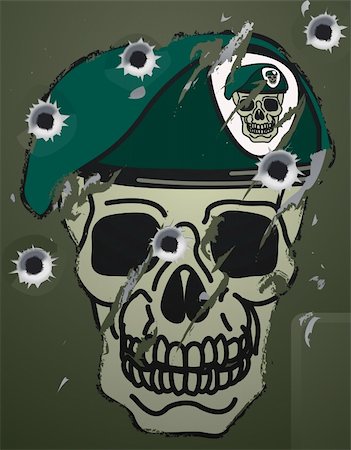 A Retro skull and beret military motif on a damaged metal camp green surface with bullet holes in it. Stock Photo - Budget Royalty-Free & Subscription, Code: 400-04087935