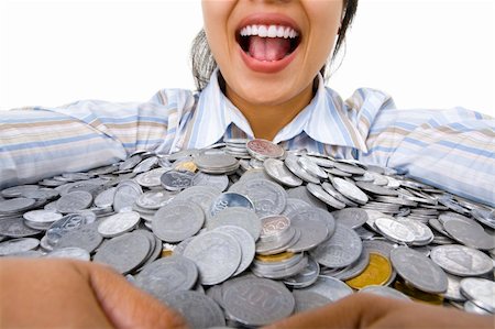 A woman's mouth shouting while her hand hold a lot of coins. South East Asian coins used here Stock Photo - Budget Royalty-Free & Subscription, Code: 400-04082402