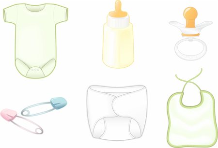 pacifier icon - Onesie, bottle, pacifier, safety pins (pink and blue), diaper, and bib. Each item on independent layer for easy editing and use. Stock Photo - Budget Royalty-Free & Subscription, Code: 400-04097025