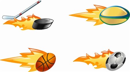 A glossy shiny flaming sport icon set. Rugby ball, ice hockey stick striking puck, basketball ball and soccer or football ball zooming through the air with flames and fire zooming out the back Photographie de stock - Aubaine LD & Abonnement, Code: 400-04097107