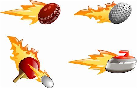 A glossy shiny sport icon set with flames and fire. Golf ball, cricket ball, ping pong bat and ball and curling stone flying fast through the air with flames and fire jetting out the back Foto de stock - Super Valor sin royalties y Suscripción, Código: 400-04097114