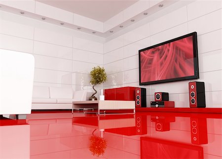 red and white living room with home theater , the image on tv screen is a my image - rendering Stock Photo - Budget Royalty-Free & Subscription, Code: 400-04098343