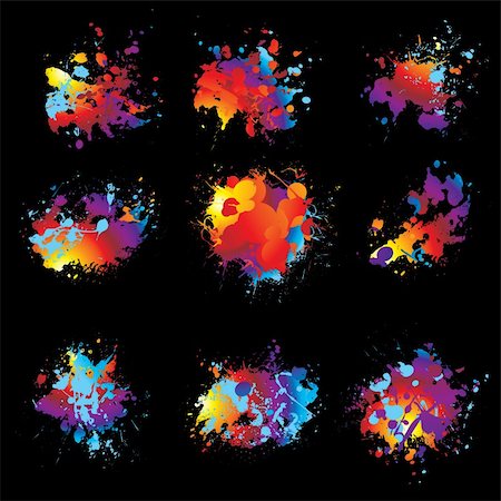 simsearch:400-04688937,k - Collection of nine brightly coloured ink splat with black background Stock Photo - Budget Royalty-Free & Subscription, Code: 400-04091275