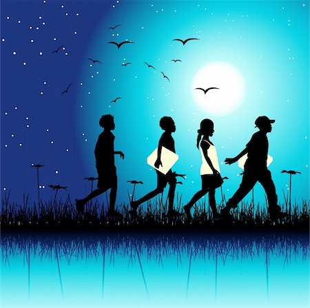 people running scared - Children group on nature, night scene Stock Photo - Budget Royalty-Free & Subscription, Code: 400-04093476