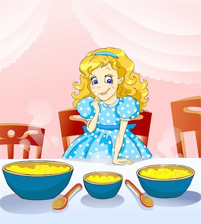 regisser_com (artist) - Illustration for tale Three bears. Funny little girl with three plateful of kasha. Stock Photo - Budget Royalty-Free & Subscription, Code: 400-04107618