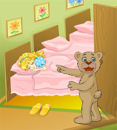 sleeping babies cartoons - Illustration for tale Three bears. Bear cub found a little girl sleeping in his bed. Stock Photo - Budget Royalty-Free & Subscription, Code: 400-04107623