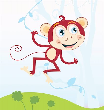 smiling chimpanzee - Funny animal jumping in jungle. Vector Illustration. See similar pictures in my portfolio! Stock Photo - Budget Royalty-Free & Subscription, Code: 400-04114513