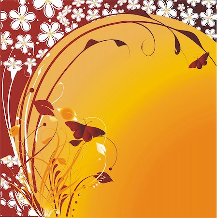 simsearch:400-06084681,k - Flying butterflies on an orange background with a vegetative ornament Foto de stock - Super Valor sin royalties y Suscripción, Código: 400-04114980