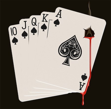 queen cards images - Photo-realistic vector illustration of Royal Flush in Spades, bleeding from a smoking bullet hole. Multi-layered. Stock Photo - Budget Royalty-Free & Subscription, Code: 400-04111310