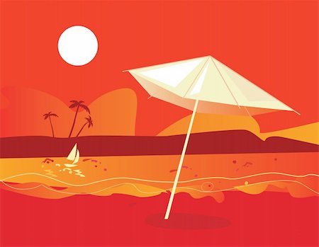 Vector Illustration of tropical sunset beach with umbrella Stock Photo - Budget Royalty-Free & Subscription, Code: 400-04113780