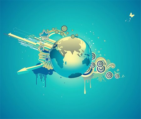 simsearch:400-04144101,k - Vector illustration of funky abstract background with globe, flowers, arrows and circles Stock Photo - Budget Royalty-Free & Subscription, Code: 400-04125127