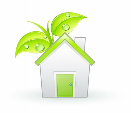 Vector illustration of Single eco icon - Green house and green leaves with water drops Stock Photo - Budget Royalty-Free & Subscription, Code: 400-04126019