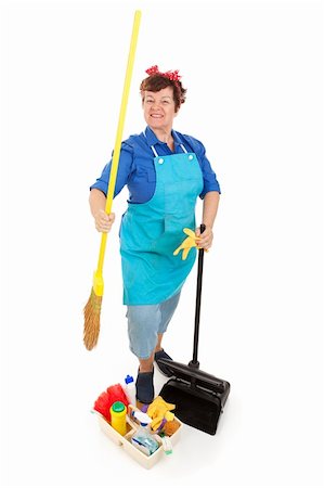 Happy smiling cleaning lady with her housekeeping supplies.  Full body isolated on white. Stock Photo - Budget Royalty-Free & Subscription, Code: 400-04129407