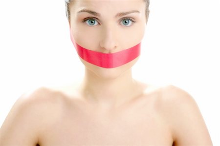 simsearch:400-04175955,k - Beautiful woman with red tape on mouth portrait isolated on white Stock Photo - Budget Royalty-Free & Subscription, Code: 400-04129619